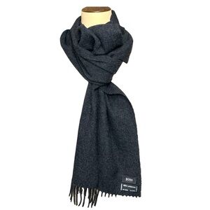 Hogo Boss Charcoal Gray Lambswool Scarf 13"X60" Fringes Embroidered Logo Classic